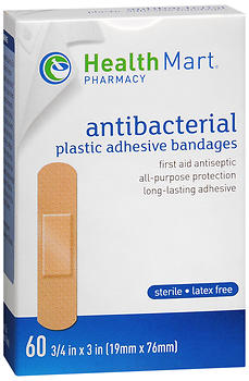 Health Mart Plastic Adhesive Bandages Antibacterial 3/4 in x 3 in 60 EA