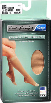 Loving Comfort Legs Knee High Support Stockings Firm Compression Closed Toe Beige Medium