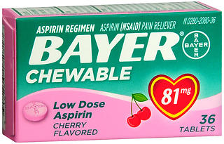 Bayer Low Dose Aspirin 81 mg Chewable Tablets Cherry Flavored 36 TB