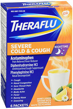 Theraflu Nighttime Severe Cold & Cough Packets Honey Lemon Infused with Chamomile & White Tea Flavors