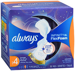 Always InFinity FlexFoam Pads With Wings Overnight Absorbency Size 4  Unscented, 13 count - Pay Less Super Markets